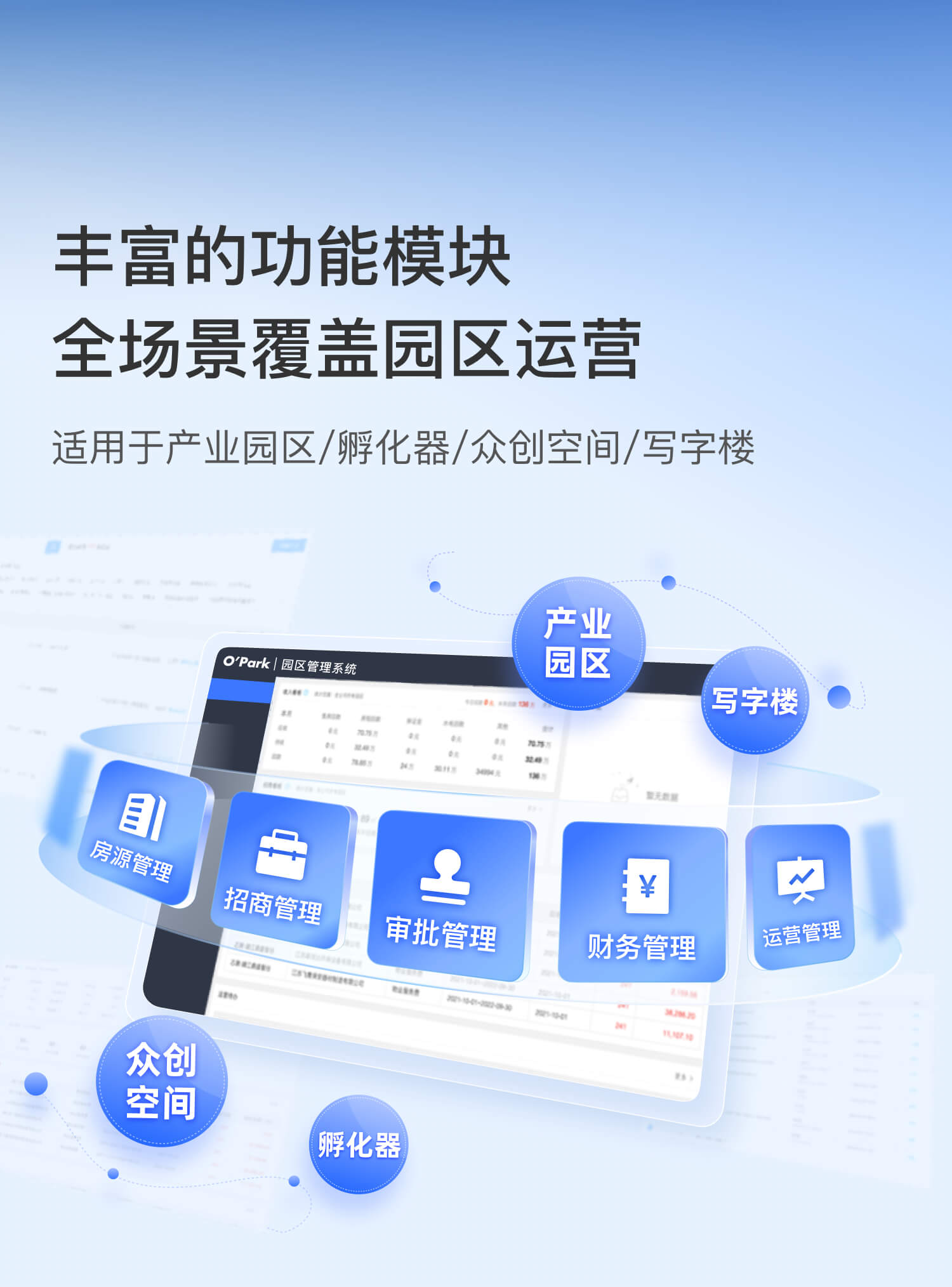 OPark园区管理平台适用于园区/孵化器/众创空间/写字楼，包含房源管理、招商管理、运营管理、物业管理、财务管理、审批管理、档案管理等功能模块